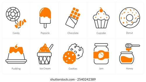 A set of 10 food and drink icons as candy, popsicle, chocolate