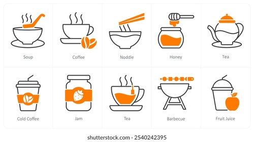 A set of 10 food and drink icons as soup, coffee, noodle