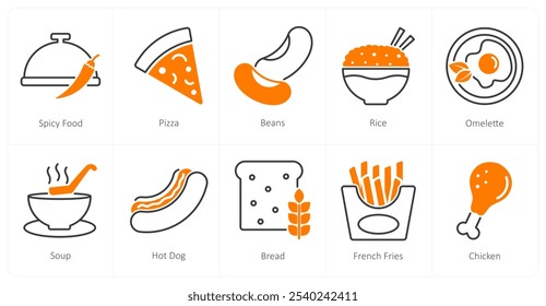 A set of 10 food and drink icons as spicy food, pizza, beans