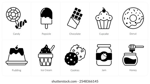 A set of 10 food and drink icons as candy, popsicle, chocolate