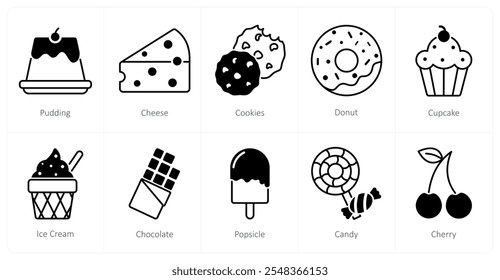 A set of 10 food and drink icons as pudding, cheese, cookies