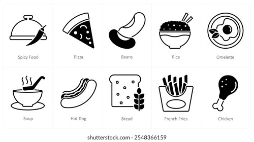 A set of 10 food and drink icons as spicy food, pizza, beans