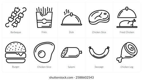 A set of 10 food icons as barbacue, fries, dish