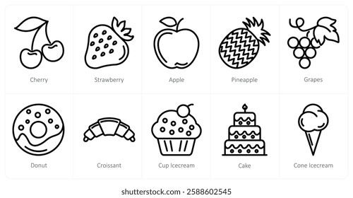A set of 10 food icons as cherry, strawberry, apple