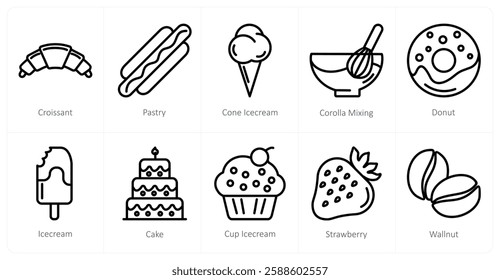 A set of 10 food icons as croissant, pastry, cone ice cream