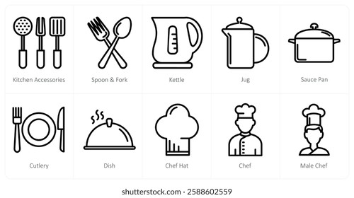 A set of 10 food icons as kitchen accessories, spoon and fork, kettle