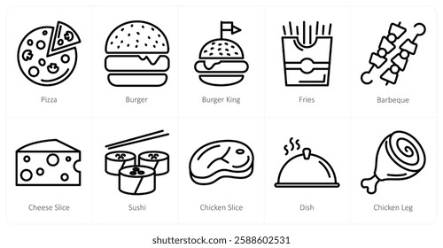 A set of 10 food icons as pizza, burger, burger king