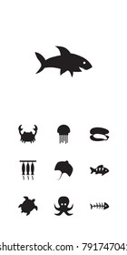 Set Of 10 Food Icons Set.Collection Of Devilfish, Shark, Remains And Other Elements.