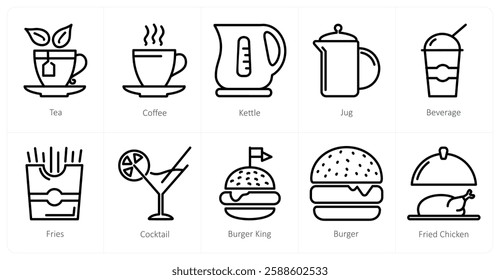 A set of 10 food icons as tea, coffee, kettle