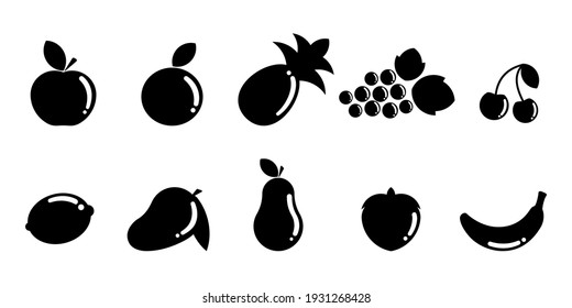 Set 10 fruits icon flat design black and white