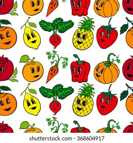 Set of 10 funny cartoon vegetables and fruit isolated on a white background. Vector illustration