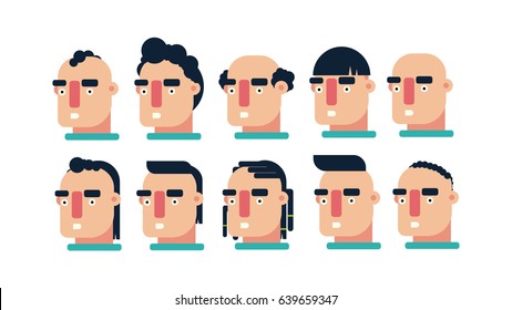 Set of 10 funny men faces with different hair styles - flat design/vector