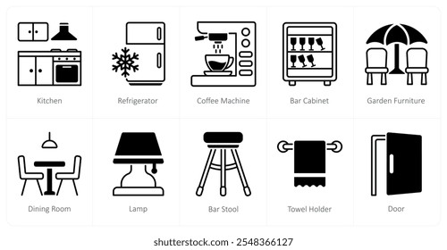 A set of 10 furniture icons as kitchen, refrigerator, coffee machine