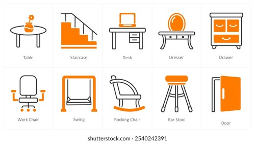 A set of 10 furniture icons as table, staircase, desk