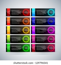 Set of 10 futuristic colorful banners with glowing circles.