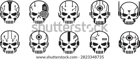 Set of 10 Futuristic Cyber Skull Icons - Cyborg and Robot Skull Collection in Black and White