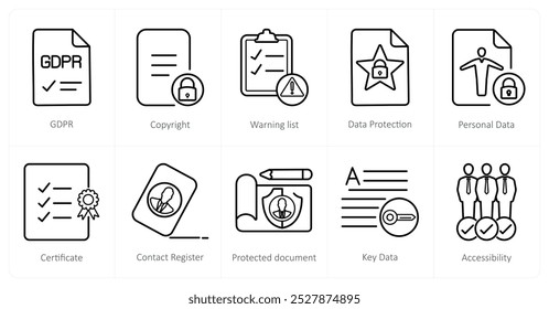 Um conjunto de ícones de 10 gdpr como gdpr, copyright, lista de avisos