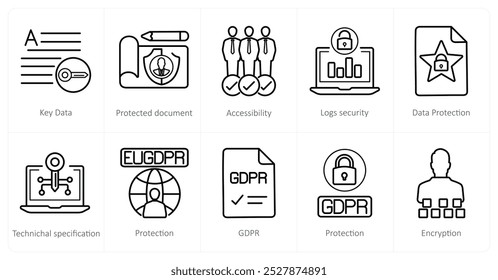 Un conjunto de 10 iconos de gdpr como datos clave, documento protegido, accesibilidad