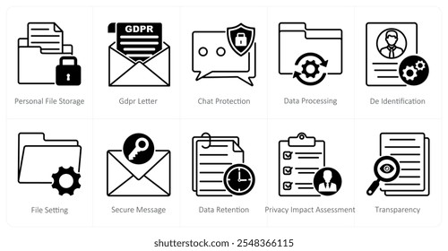 Um conjunto de ícones de 10 gdpr como armazenamento de arquivos pessoais, carta gdpr, apresentação de bate-papo