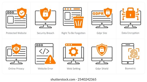 Um conjunto de ícones de 10 gdpr como site protegido, violação de segurança, direito a ser esquecido