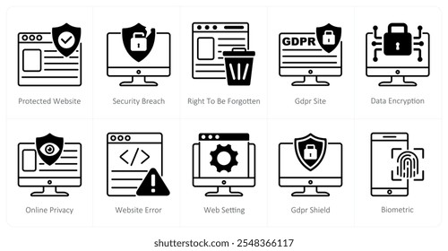 Um conjunto de ícones de 10 gdpr como site protegido, violação de segurança, direito a ser esquecido