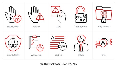 Un conjunto de 10 iconos de gdpr como escudo de seguridad, penalidad, alerta