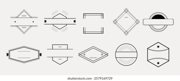 Set of 10 geometric frames. Minimalist frames in various shapes. Perfect for labels, logos, and designs. Geometric frames for creative projects. Badge frame element vector set.