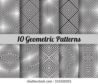 Set of 10 geometric patterns. Black and white seamless vector backgrounds.