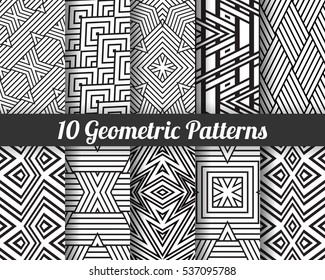 Set of 10 geometric patterns. Black and white seamless vector backgrounds.