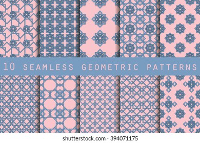 Set of 10 geometric seamless pattern. Rose quartz and serenity violet colors. The pattern for wallpaper, tiles, fabrics and designs. Vector.