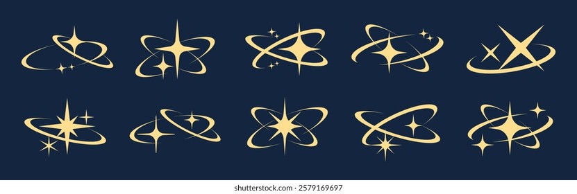 Set of 10 gold star icons on a dark background. Each star icon features unique orbit designs. Gold star icons add elegance and style to designs. Isolated illustration elements, vector set.