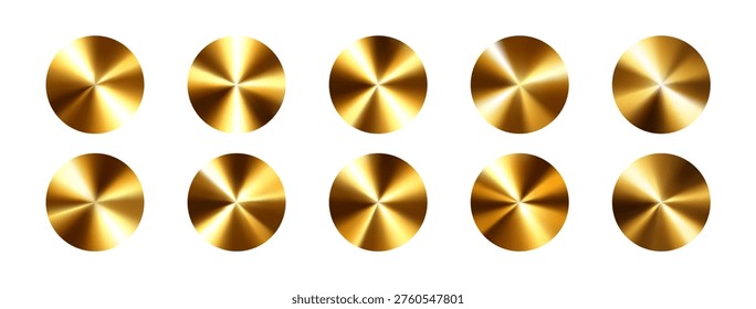 Set of 10 golden metallic mesh gradients. Premium vector gold conical circles for luxury branding, jewelry design, rewards and elegant interface elements.
