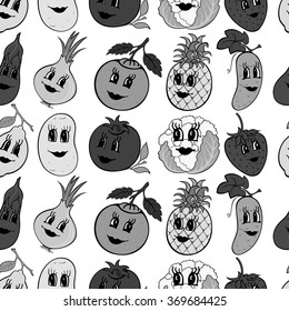 Set of 10 gray funny cartoon vegetables and fruit isolated on a white background. Vector illustration
