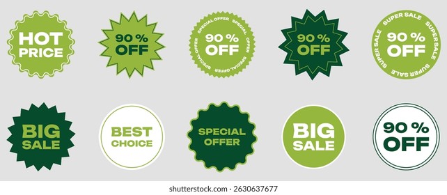 Set of 10 green vector discount stickers with eco-friendly style. Ideal for organic sales, special offers, sustainable product promotions, natural packaging, and eco branding.