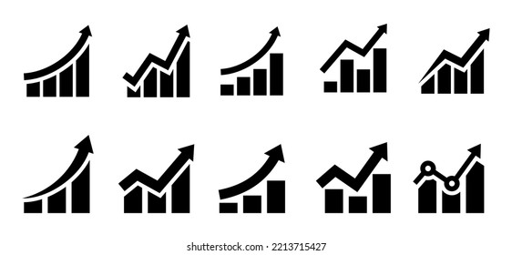 Conjunto de 10 gráficos crecientes, estilo de glifo plano, aislado en blanco, plantilla de diseño de clipart