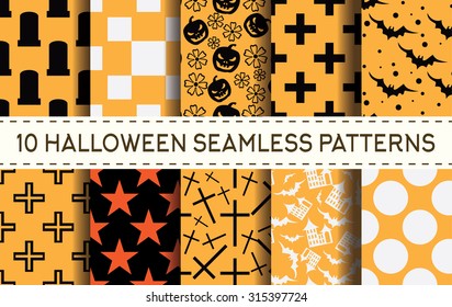 Set of 10 halloween seamless patterns. Vector illustration. Halloween background with pumpkin, cross, star and grave for paper or fabric