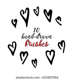Set of 10 hand drawn brushes. Ink Heart. Isolated elements for your design. Vector illustration.