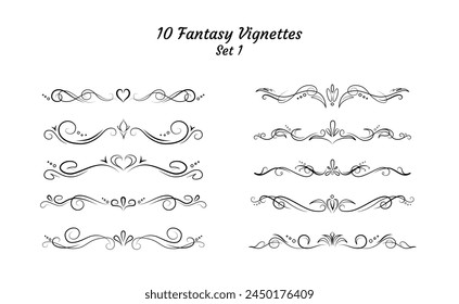 Conjunto de 10 separadores o delimitadores de texto dibujados a mano. Únicos bordes Horizontales elegantes, separadores