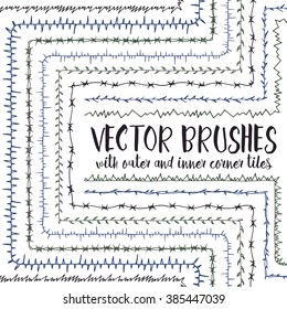 Set of 10 hand drawn vector pattern brushes with inner and outer corner tiles. Editable decorative elements for your design. Perfect for frames, dividers, borders, ornaments. Handmade ink illustration