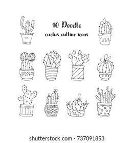 Set of 10 handdrawn doodle icons of cactus vases. Cactus succulents vector illustrations.