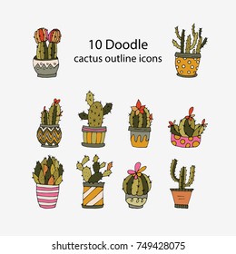 Set of 10 handdrawn doodle icons of cactus vases. Cactus succulents vector illustrations.