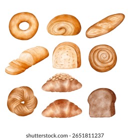 Um conjunto de 10 ilustrações de pão aquarela desenhadas à mão em formato vetorial, incluindo baguete, croissant, pão, torrada e pães.
Perfeito para marcas de café, embalagens, menus e projetos criativos.