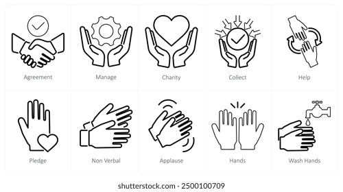 A set of 10 hands icons as agreement, manage, charity