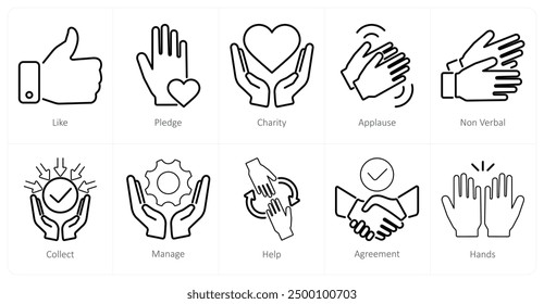 A set of 10 hands icons as like, pledge, charity