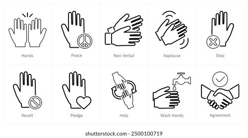 A set of 10 hands icons as hands, peace, non verbal