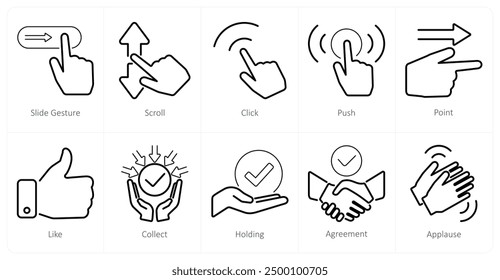 A set of 10 hands icons as slide gesture, scroll, click