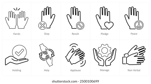 A set of 10 hands icons as hands, stop, revolt