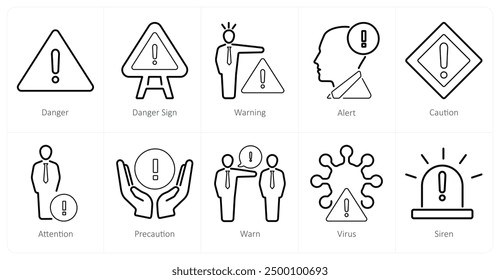 A set of 10 hazard danger icons as danger, danger sign, warning
