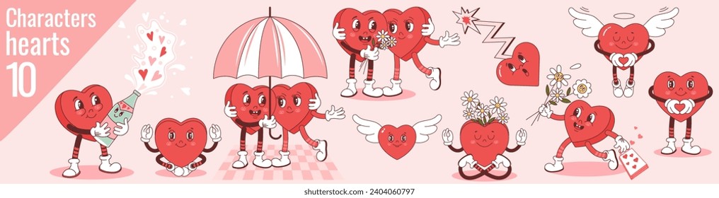 A set of 10 heart characters in a trendy retro cartoon groove style for your Valentine's Day designs. Suitable for greeting cards, posters, prints. Vector illustration.
