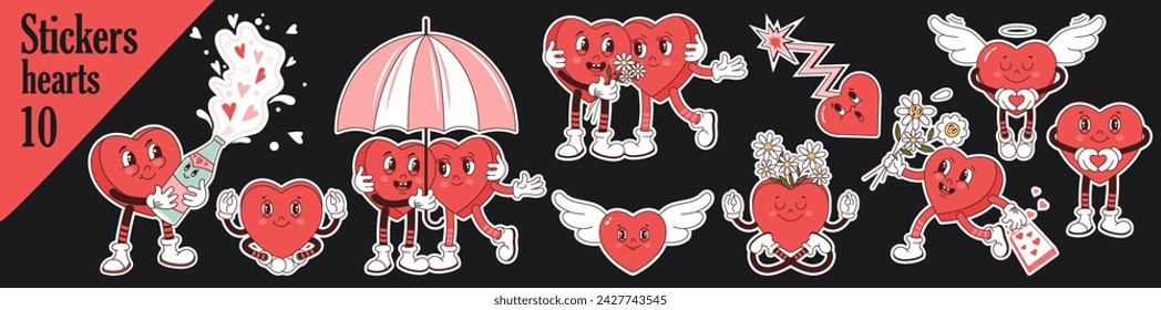 Un conjunto de 10 personajes de corazón en un estilo de ranura de dibujos animados retro de moda para sus diseños de San Valentín. Adecuado para tarjetas de felicitación, carteles, impresiones. Ilustración vectorial.